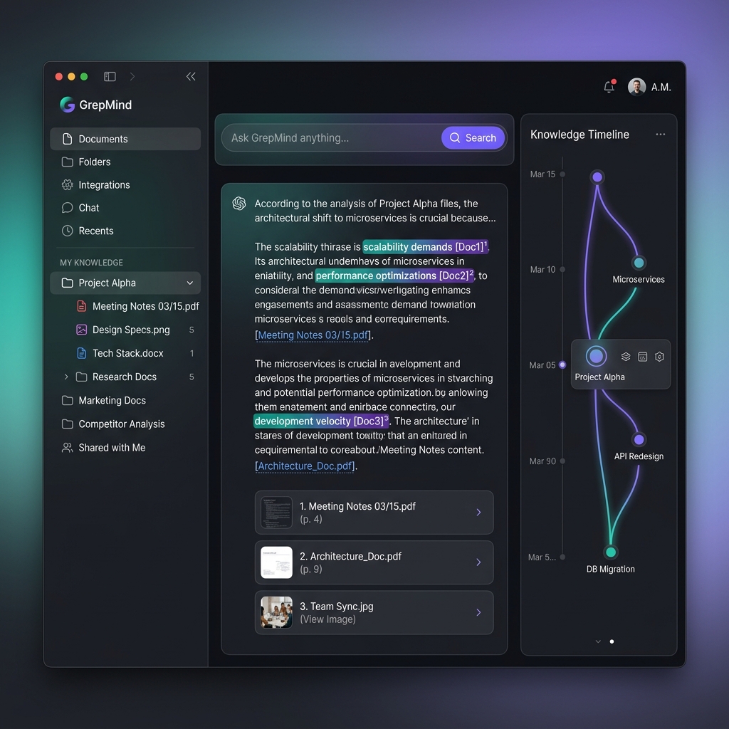GrepMind desktop interface showing sources, cited answers, timeline, and knowledge graph